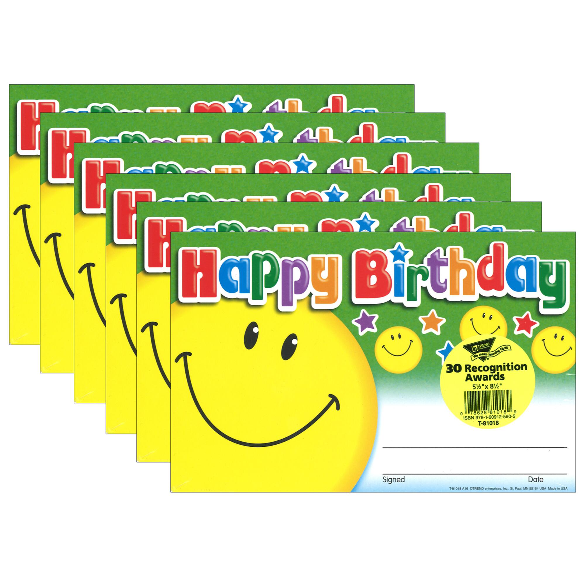 Trend Enterprises® Happy Birthday Smile Recognition Awards, 6 Packs of 30
